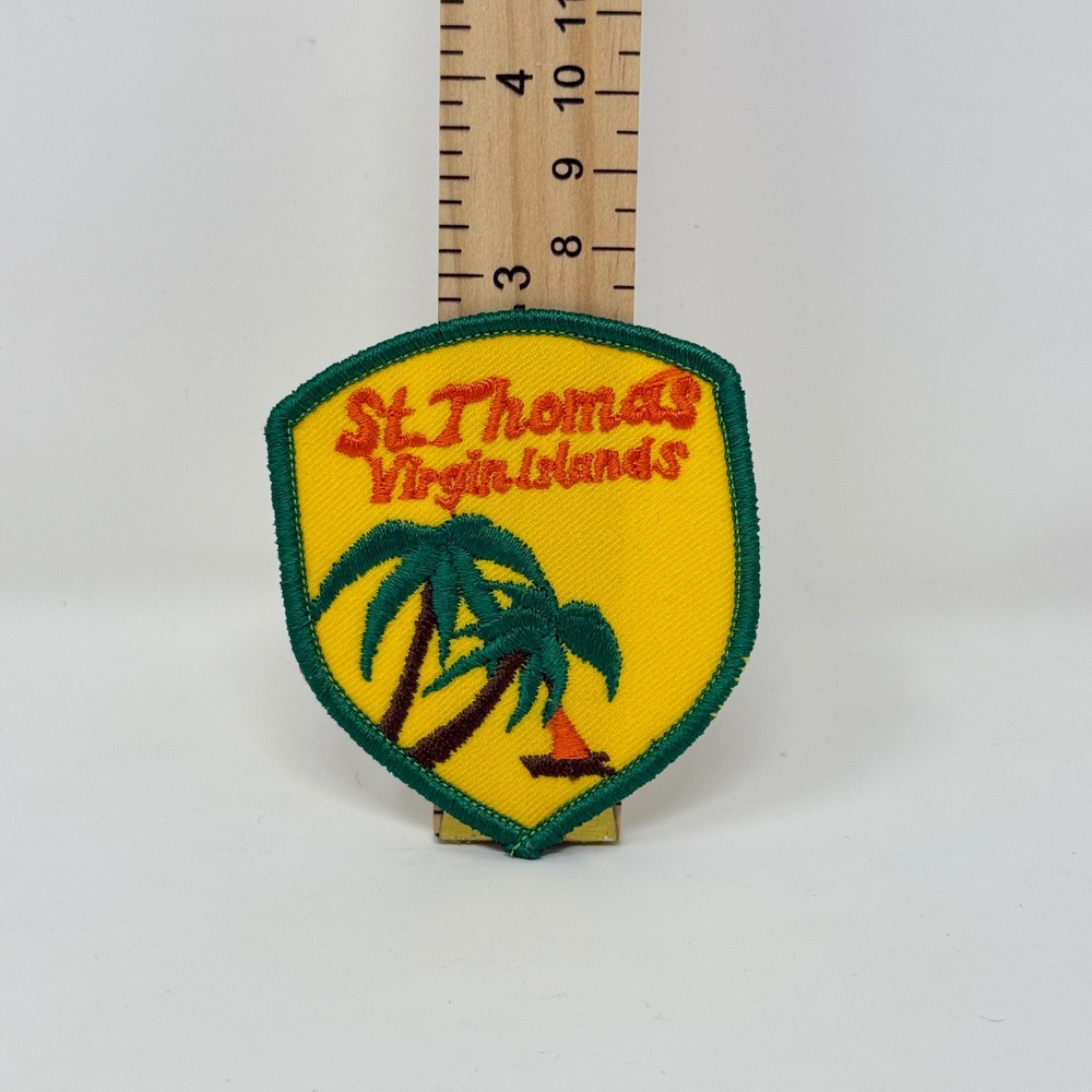 Vintage St Thomas Virgin Islands Souvenir Patch Palm Trees Yellow Shield 3 Inch